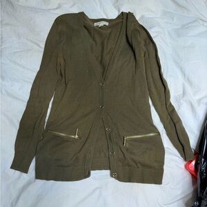 Michael Kors Olive Green Button-Front Cardigan with Gold Zippers